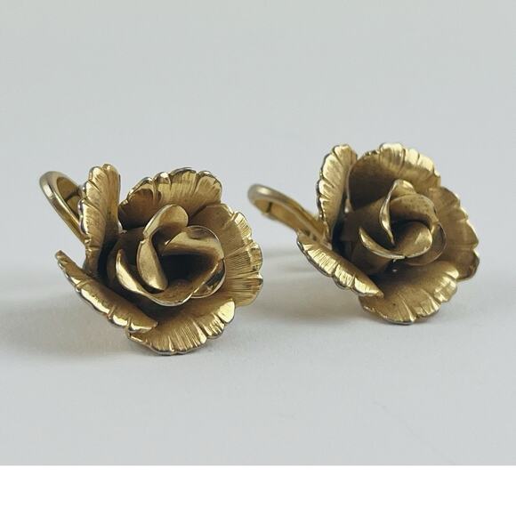 Lisner Open Rose Flower Clip On Earrings Gold Tone Jewelry Vintage Granny 3D Chu - Picture 3 of 13